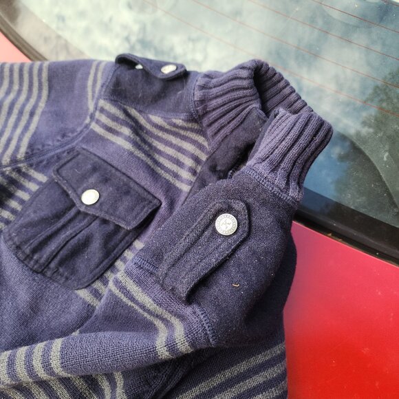 X brand knit sweater, military style shoulder buckle Men's Medium with elbow pad - Picture 2 of 5